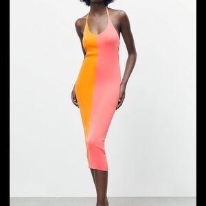 ZARA halter Knit midi dress PINK & ORANGE so cute